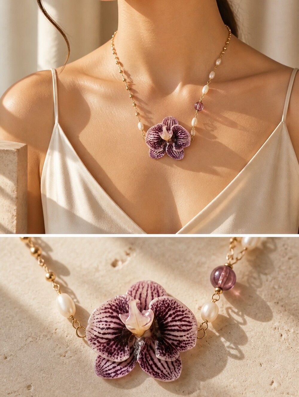 #288 HAND CRAFTED Necklace Handcrafted Handmade Orchid Dried Resin Purple Gre…